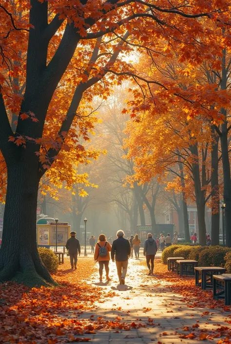 It’s a crisp autumn afternoon in a bustling city park. The golden sunlight filters through the canopy of trees, their leaves a f...