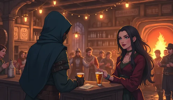 Anime scene of a lively tavern in a fantasy world, a male hooded rouge character is handing in a bounty and a lady behind a coun...
