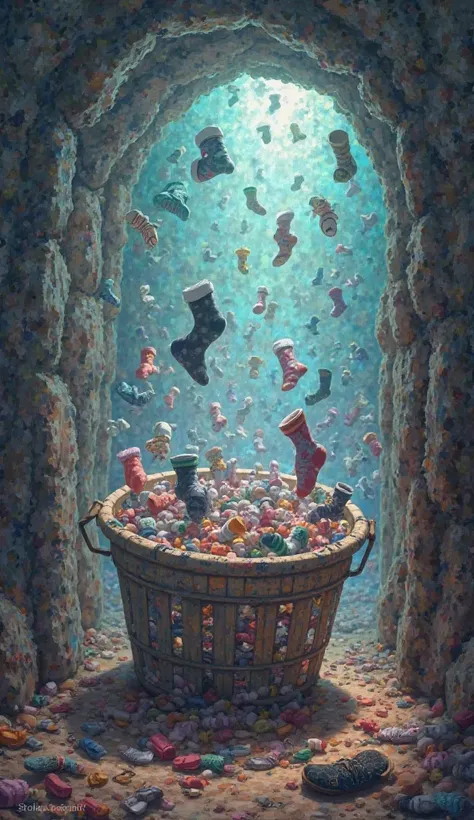 A portal inside a laundry basket, showing a secret dimension filled with lost socks floating in a colorful, mysterious void.