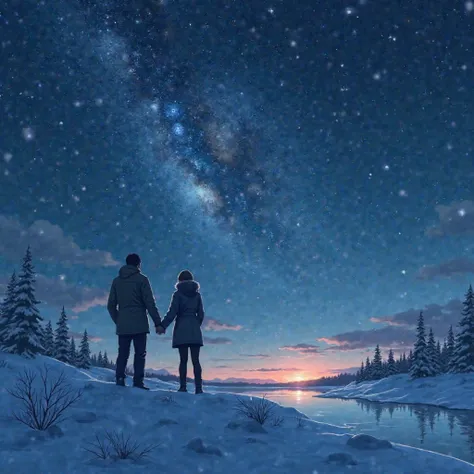 Northern Europe,Winter After Heavy Snowfall , Thick Snow , Silhouettes of men and women holding hands ,starry sky,Arctic,((绿色Ar...