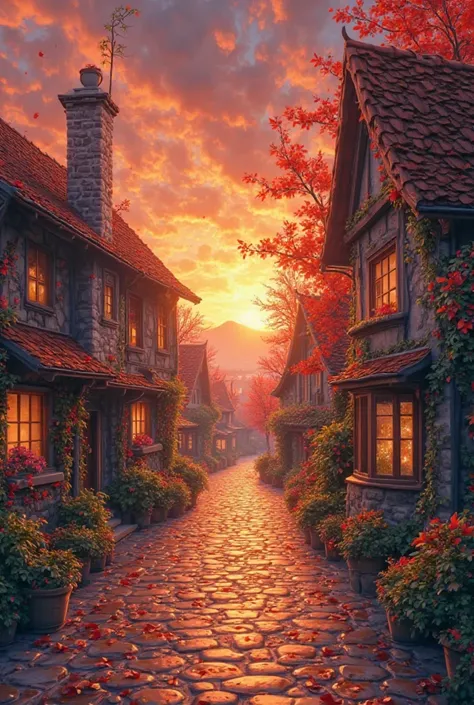 Weather, scorching sunset, warm colors, practical, photography, detailed leaves, intricate buildings, cobblestone street, charmi...