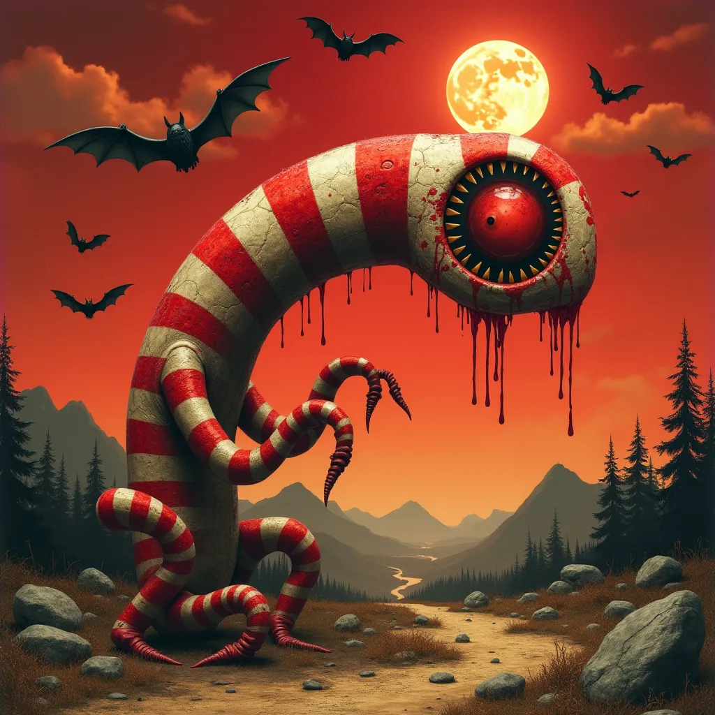 A surreal creature with a long, An arched body covered in red and white checkerboard patterns is in a desolate landscape. Its el...