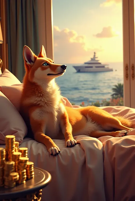 Crypto Millionaire Dreams - DINGO Inu lying in bed, daydreaming about Lambos, yachts, and stacks of Dingocoins.