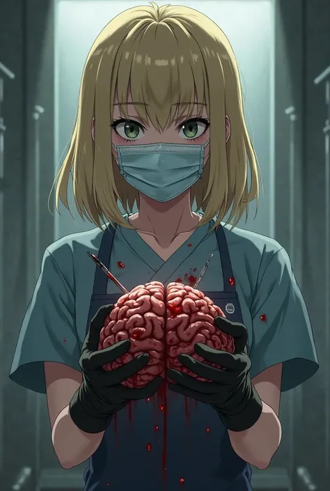 ((Clear photo)) [Anime] a girl, blonde hair, has a surgical mask, long black gloves, apron, holding a scalpel, with blood on her...