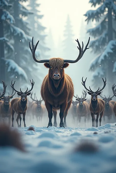 make a snowy forest with a big highland cow and 500 deers