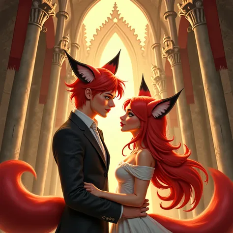 Fais moi une image d'un couple l'homme à les cheveux rouges lisse avec des oreilles de renard et la femme a les cheveux roux ave...