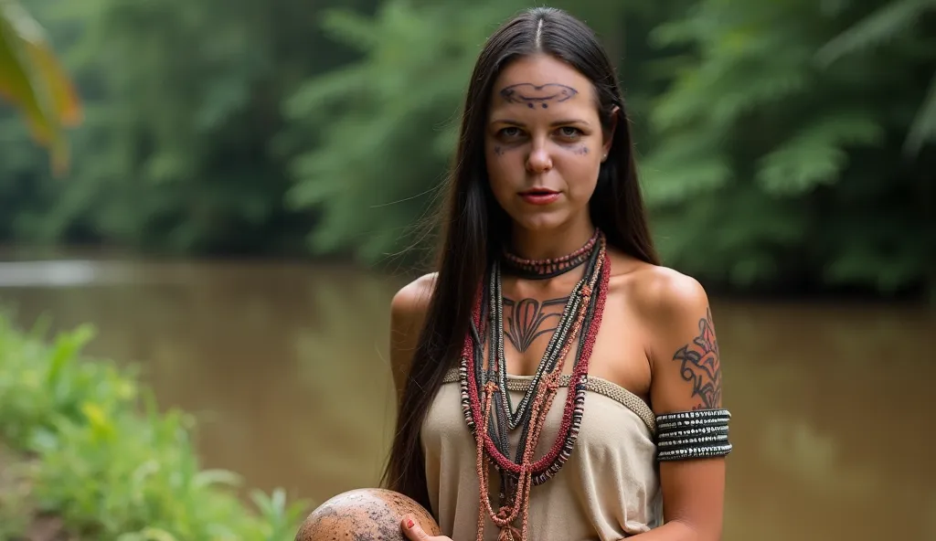 The image depicts a woman in traditional indigenous costume, probably from an Amazonian tribe. She is standing in the open air, ...