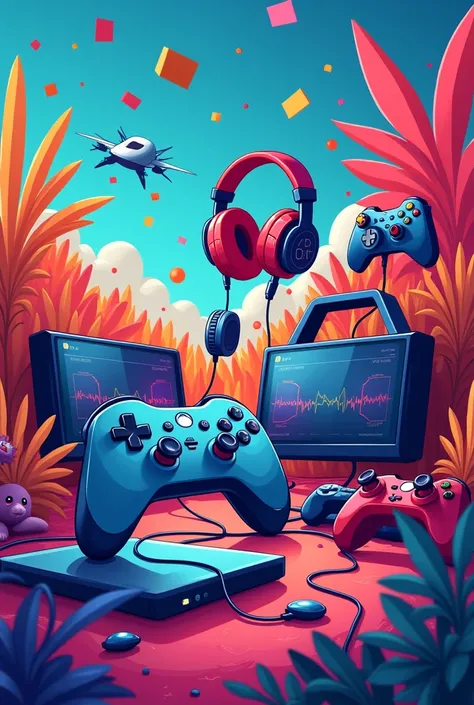 Create a banner with controllers, headsets and other gaming gear in a cartoony style.