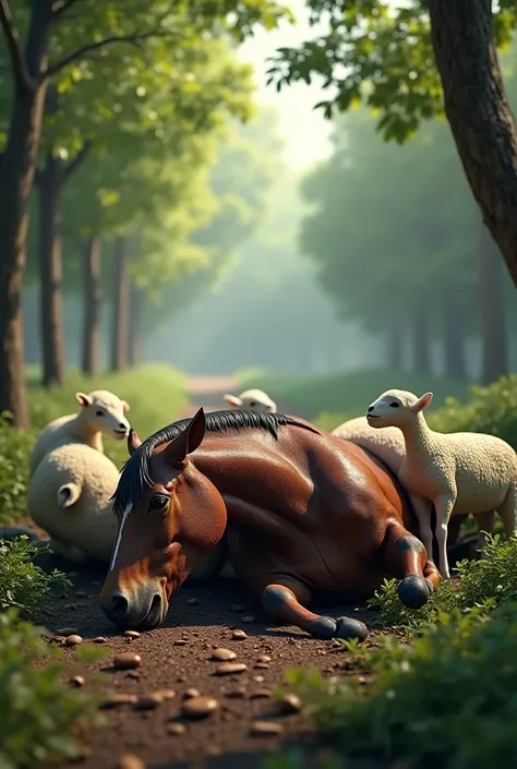 The Arabian horse is very sick and sleeping on the ground in the heavily wooded farm and the sheep are next to it on the farm. 3...
