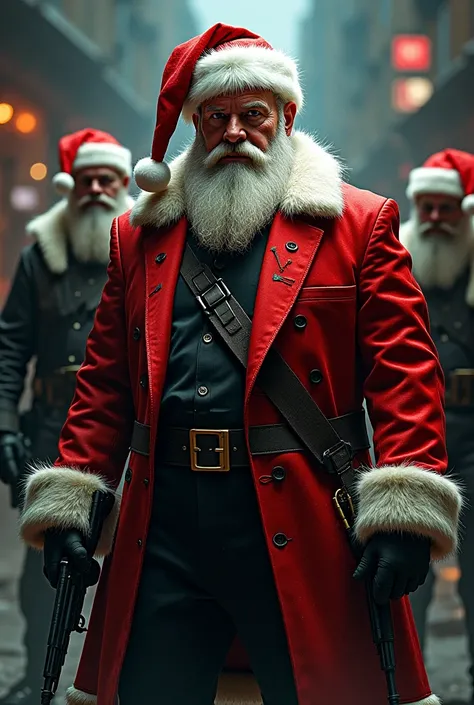 Santa Claus in a criminal gang with guns and money