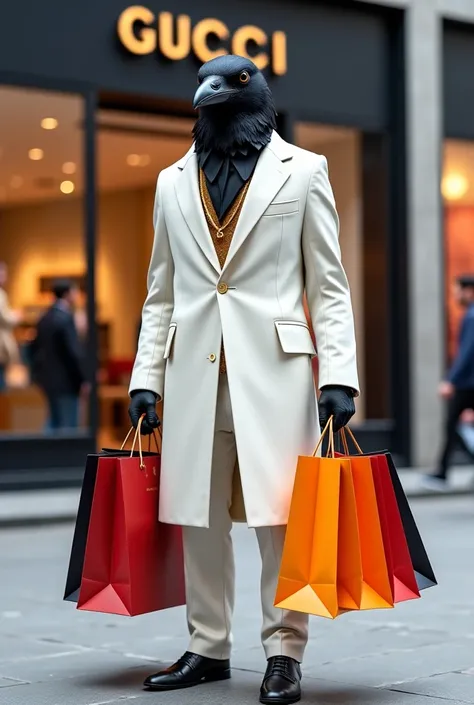 Five to six colouring shopping bags of different brands in the two hand of a crow , the crow is wearing white long coat with wit...