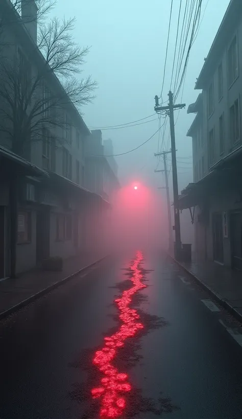 An empty and quiet street, with light fog covering the ground. Footprints mysteriously appear with no one around, as a reddish m...