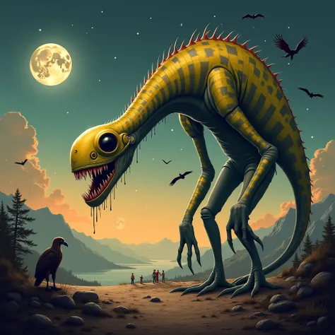 A very ugly alien, creepy, surreal giant with a long, arched body covered in yellow and gray checkerboard patterns is in a desol...