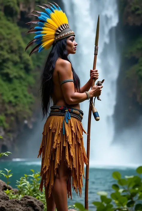 Indigenous woman dressed as a boss next to a waterfall with a spear in her hand and a feather with yellow and blue feathers on t...