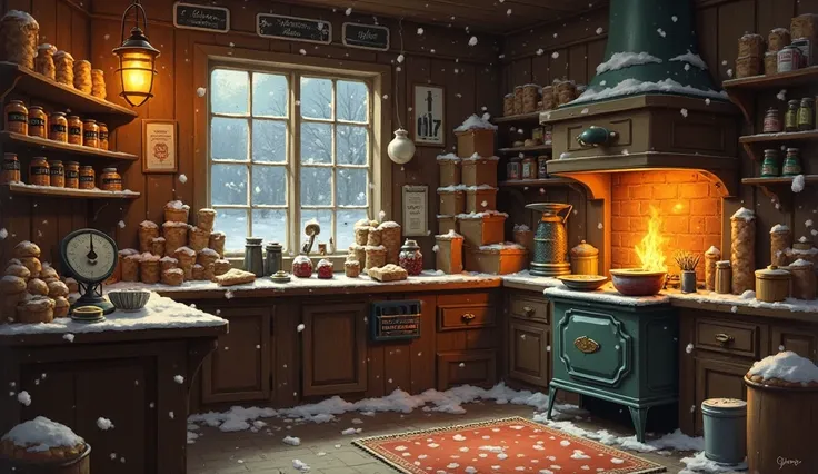A cozy small-town general store interior in winter 1953, dimly lit with warm golden light from a potbelly stove in the corner, w...