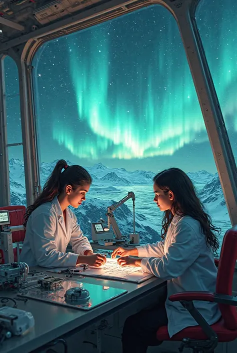 Image showing women's love for studying physics in a space laboratory with a view of the Northern Lights in a semi-realistic sty...