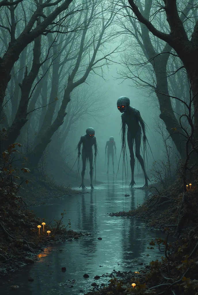 creepy creatures, forest, river
