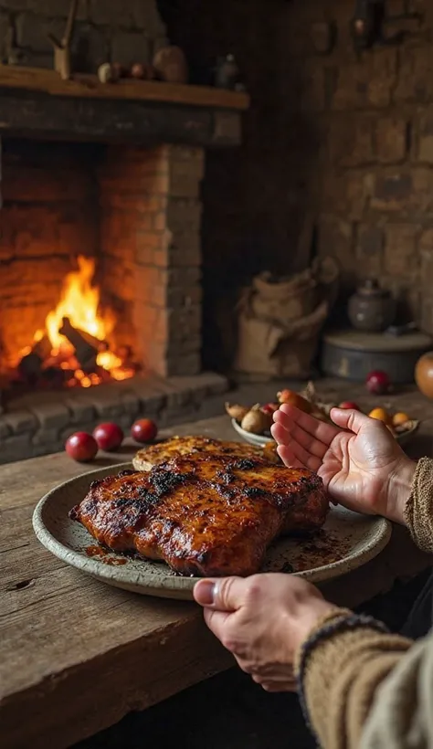 "PoV-style image, as if it were in first person. You are sitting in a rustic cabin from the year 1500 a.c., eating. In front of ...