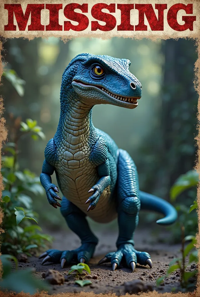 Je veux créer une affiche de disparition pour une figurine de Blue de Jurassic World