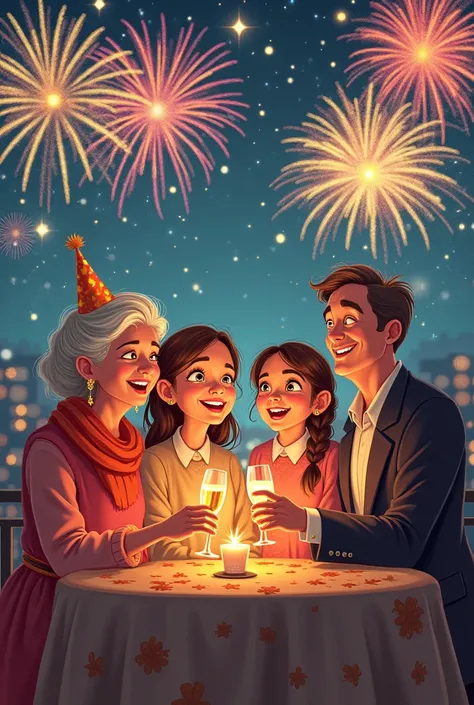 New Year's party. the sky with fireworks. a family made up of a grandmother, a grandfather, a gentleman, Two girls happily toast...