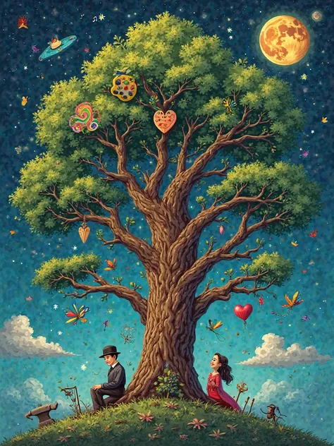Create an illustration centered on a large sturdy and leafy tree that symbolizes life. The branches of the they extend in differ...