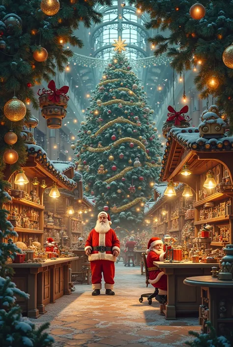 Santa Claus toy workshop that appears inside a huge Christmas tree in a shopping mall