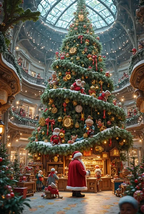 Santa Claus toy workshop with toy conveyor belt, that is inside a Christmas tree for decoration of a shopping mall, The tree tha...