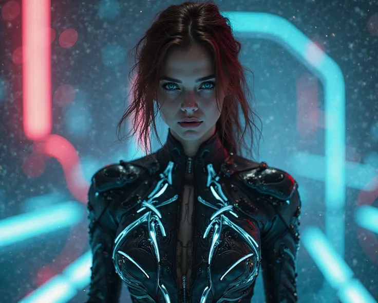TRON Legacy inspired woman Dark Auburn hair, blue eyes