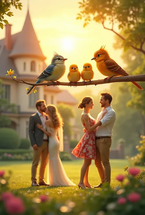 create 1 picture in bright color , warm sunshine , 1 twig with a family of birds taking care of 3 young happily married couples....