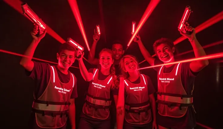 The five players are posing triumphantly, with red laser guns raised in the air and big smiles on their faces. Their red-illumin...