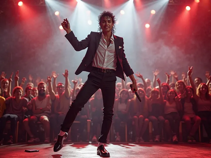 with a microphone in hand, Singing and dancing with energy Micael Jackson