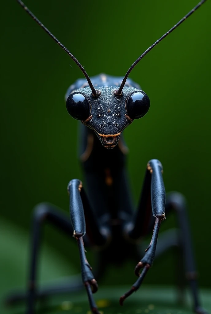 "Create a highly detailed and realistic image of a praying mantis with striking black tones. The mantis should have intricate pa...