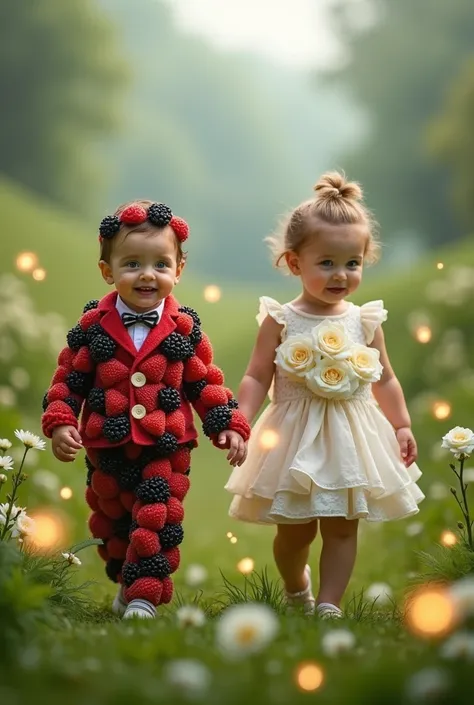 Fairyland Stroll – Among green hills, two babies are walking in a magical world. One is dressed in a suit made of colorful berri...