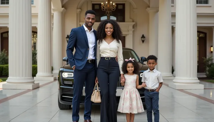 They are smiling and posing for The photograph as a happy family. Camera moves back and UP.