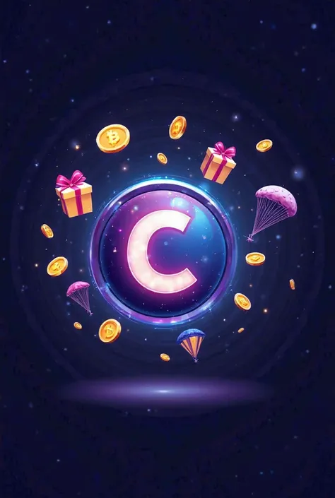 Logo with **CryptoBit** in the center, surrounded by flying coins (馃獧), gift boxes (馃巵), and parachutes (馃獋). Use a modern font wit...