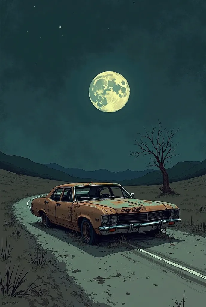 Draw a Sketch style picture of a death man's car in a uncrowded road in mid night