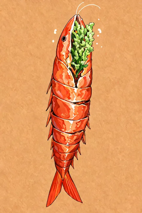 Shrimp fried, with brown color and orange background