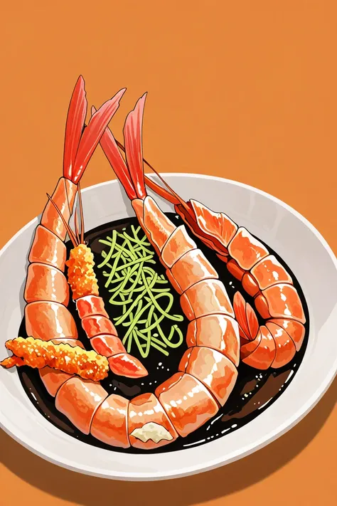 Shrimp fried, with brown color and orange background
