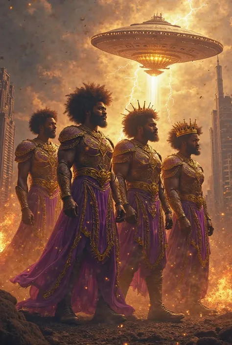 Beneath the towering skyline of New York, where the remnants of a fallen world smolder in the distance, four mighty black men st...