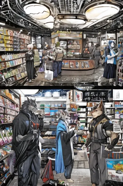 Sci-fi comics drawn on textures、Japanese Manga、Japanese Manga、Handsome werewolf、A werewolf shopping in a futuristic city 、The st...