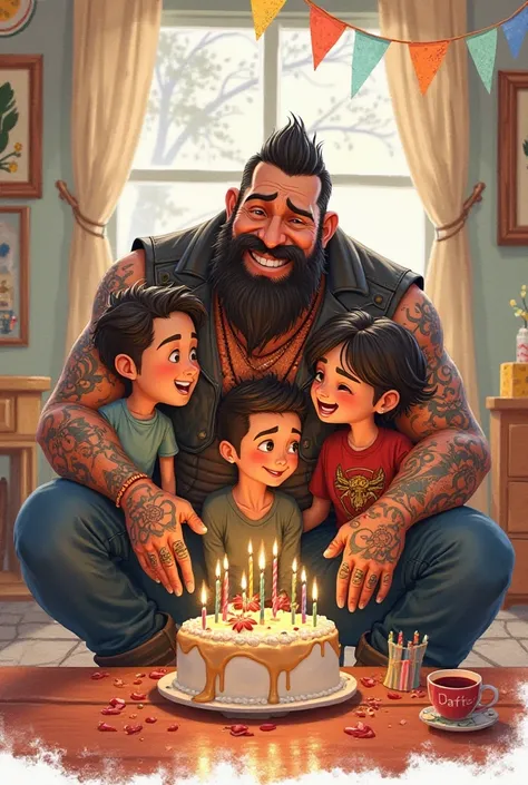 create Disney kind image of biker type kind of guy with beard and tattoos celebrating his birthday with his two age boys and wif...