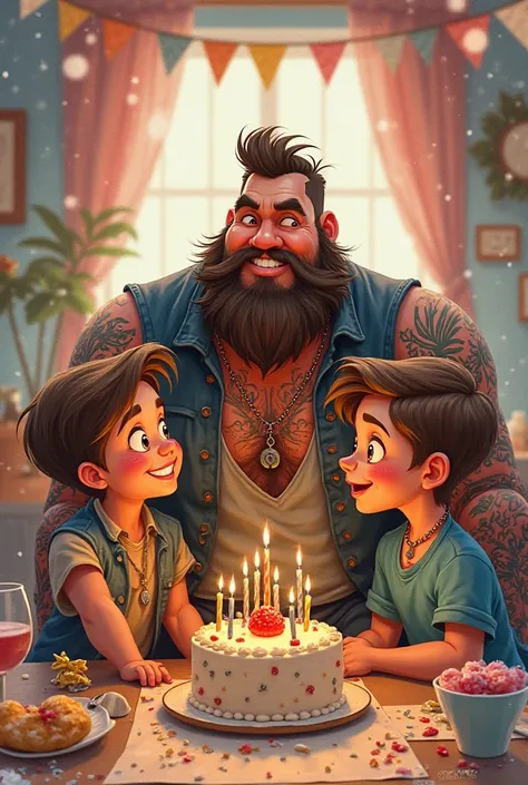 create Disney kind image of biker type kind of guy with beard and tattoos celebrating his birthday with his two age boys and wif...