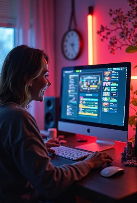 Create an image of a person using a computer casino themed environment. The computer screen must display casino games or an onli...