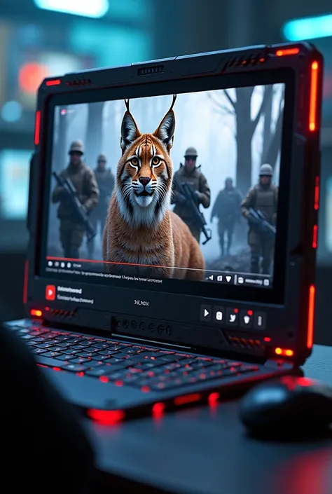 A futuristic and visually engaging image of a YouTube video screen with a mysterious thumbnail showing a lynx and soldiers. Belo...