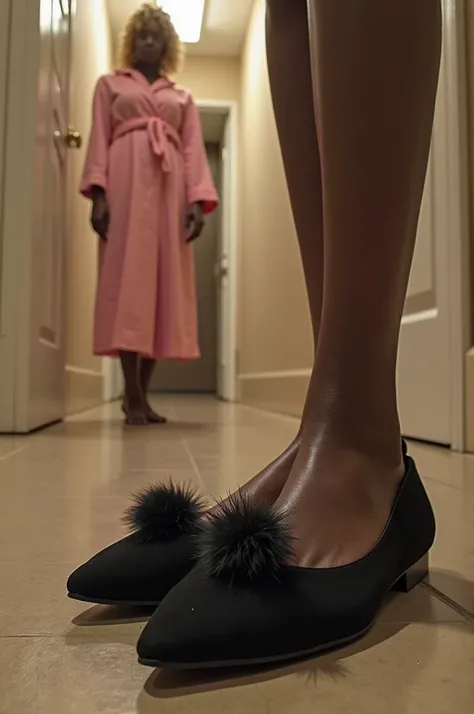 The background is vestibule. Make a realistic image of a pair of GIANT womens Black_Pointy Toe_suede_ballerina flats with a Blac...