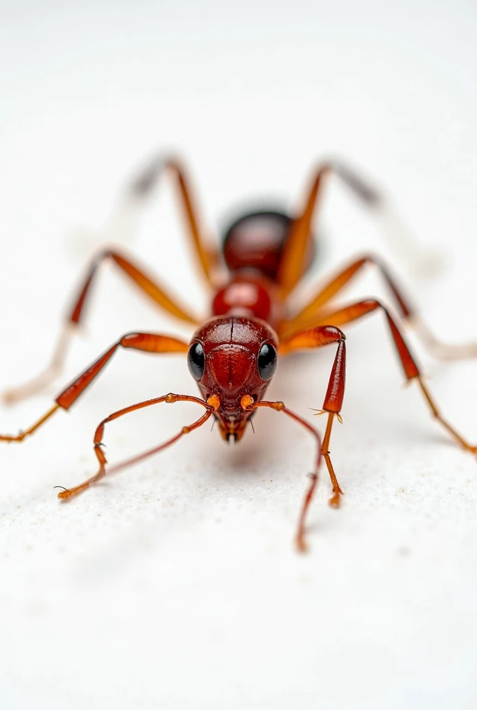 Macro photograph, red ant, detailed insect anatomy, thin legs, segmented body, large mandibles, antennae, glossy exoskeleton, wh...