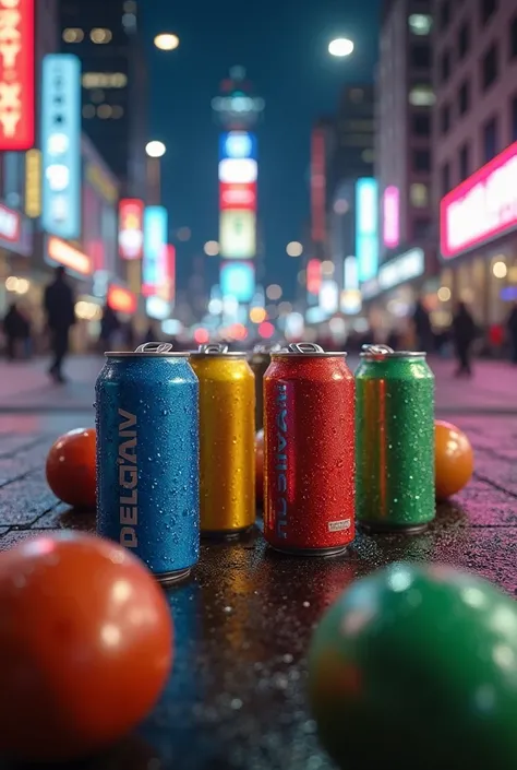 A highly realistic and ultra-sharp cinematic shot of various energy drink cans scattered across an urban street at night. The ca...