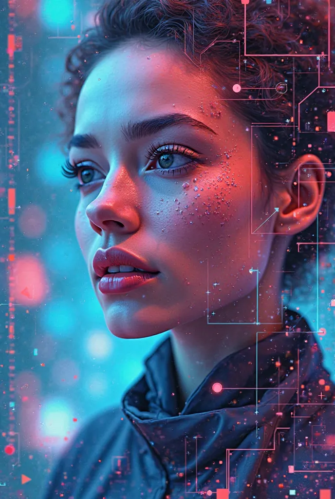 Make a background for poster about dermatologist and innovation and technology. Include a geometric face of women with color of ...