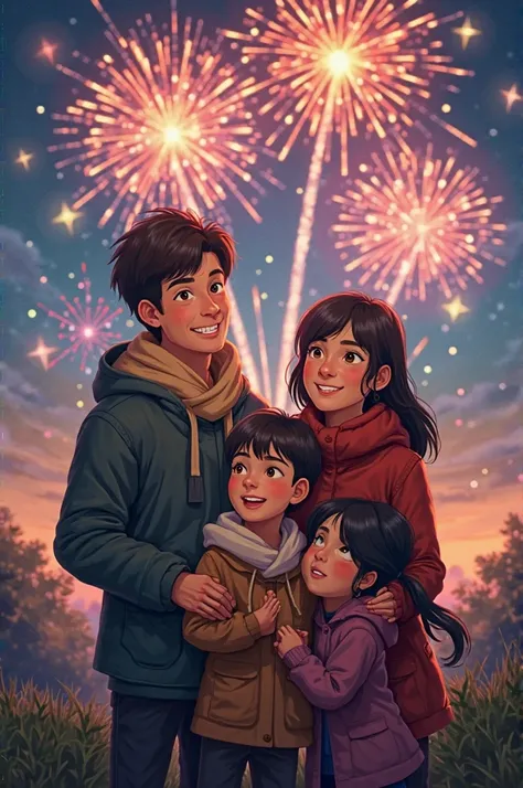 Giving me a New Year's Day picture of the whole family being outdoors and the sky with fireworks(evening)