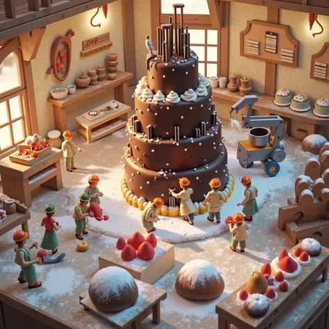 A playful culinary construction site where a massive chocolate cake is being assembled by tiny workers. A miniature crane carefu...